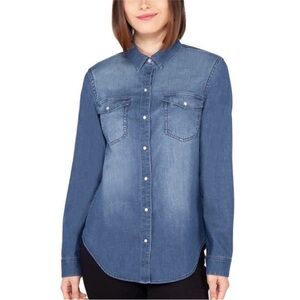 Tahari Denim Shirt Pearl Snap Women's XXL Ombré Western Cowgirl Coastal